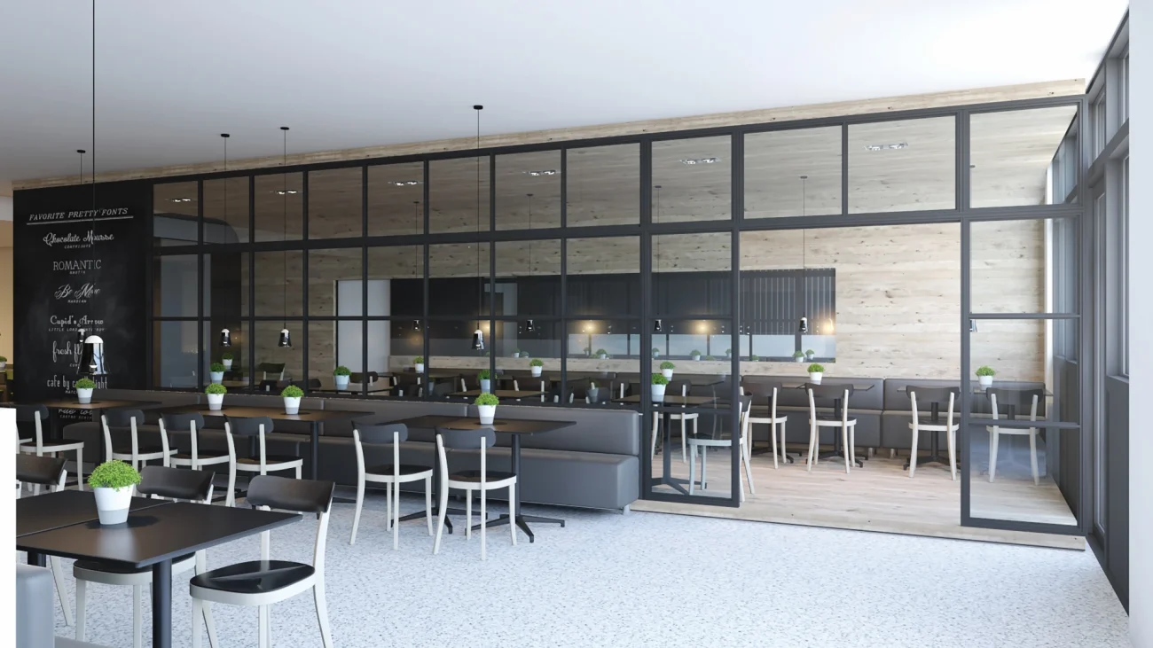 Klare Zonen, offene Atmosphäre – ideal für modernes Interior Design in öffentlichen Räumen.