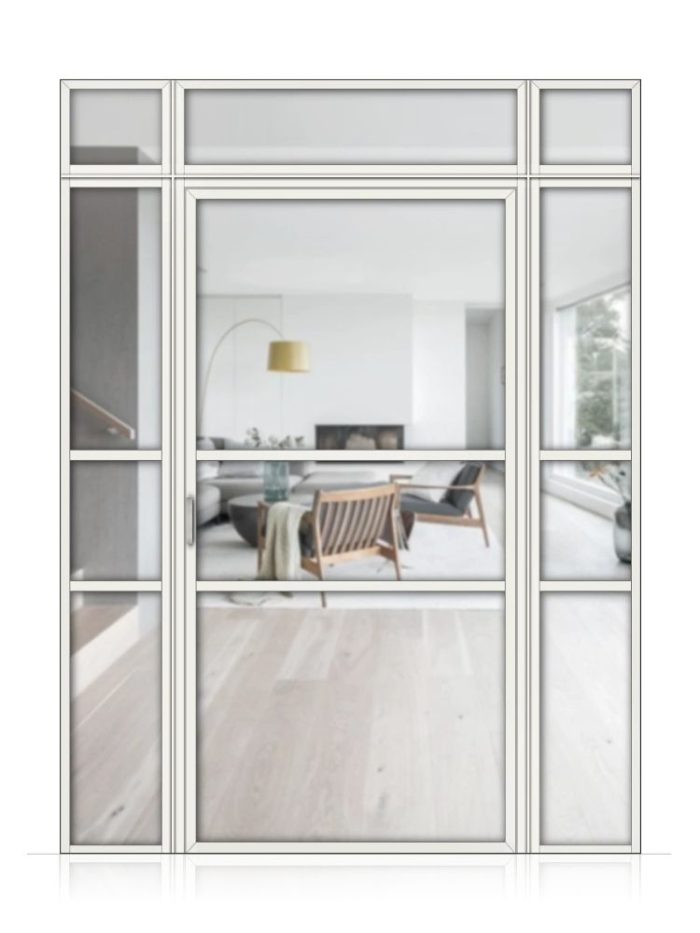 Lofttür Drehtür aus Aluminium mit Seitenteil und Oberlicht Modell Loft 9