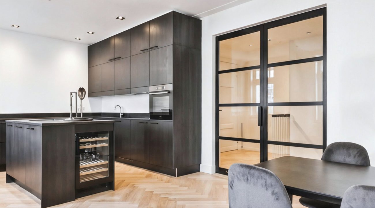 Loft-Drehtür aus Aluminium und Glas als elegante Raumtrennung zwischen Küche und Essbereich.
